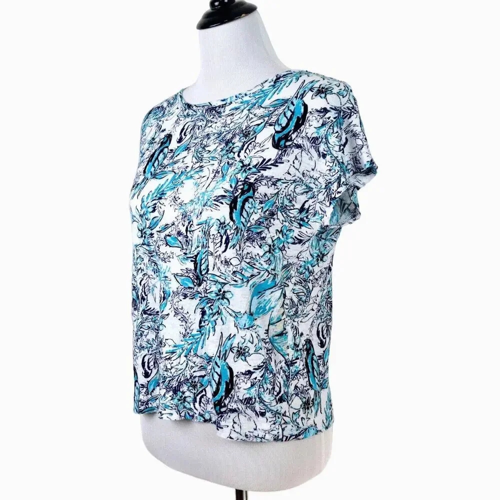 Tahari Size S Linen Slub Knit Tee Button Back Birds Flower Blue White